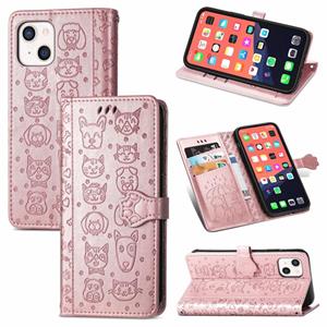 huismerk Leuke kat en hond reliëf horizontale flip lederen tas met houder & kaart slots & portemonnee & lanyard voor iphone 13 (rose goud)