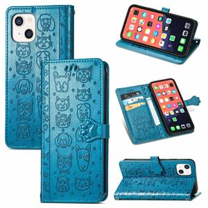 huismerk Leuke kat en hond reliëf horizontale flip lederen tas met houder & kaart slots & portemonnee & lanyard voor iphone 13