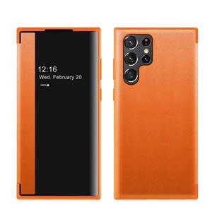 huismerk Voor Samsung Galaxy S22 Ultra 5G Window Bekijk lederen telefooncase (Oranje)