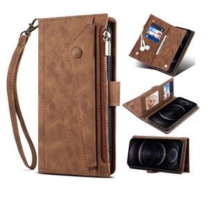 huismerk Retro Frosted Horizontal Flip Lederen Case met Houder & Card Slot & Portemonnee & Rits Pocket & Lanyard voor iPhone 13 Pro (Brown)