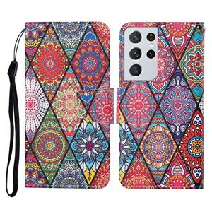 huismerk Voor Samsung Galaxy S21 Ultra 5G gekleurde tekening patroon horizontale flip lederen geval met houder en kaart slots & portemonnee & lanyard (Rhombus