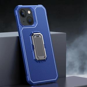 huismerk Koolstofvezel textuur telefoonhoesje met houder voor iphone 13 (blauw + zwart)