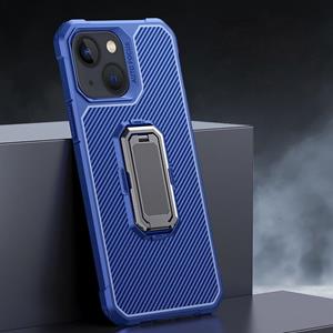 huismerk Koolstofvezel textuur telefoonhoesje met houder voor iPhone 13 mini (blauw + zwart)