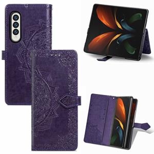 huismerk Voor Samsung Galaxy Z Fold3 5G reliëf Mandala Patroon PC + TPU Horizontale Flip Leren Case met Houder & Card Slots (Paars)