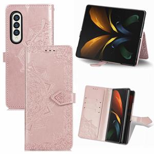 huismerk Voor Samsung Galaxy Z Mold3 5G reliëf Mandala Patroon PC + TPU Horizontale Flip Leren Case met Houder & Card Slots (Rose Gold)