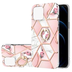 huismerk Electroplating Splicing Marmeren bloempatroon TPU schokbestendig geval met strass ringhouder voor iphone 13 mini (roze bloem)