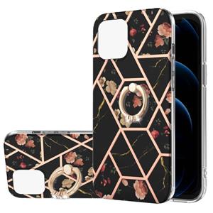 huismerk Electroplating Splicing Marble Flower Pattern TPU Shockproof Case met Rhinestone Ringhouder voor iPhone 13 Mini (zwarte bloem)