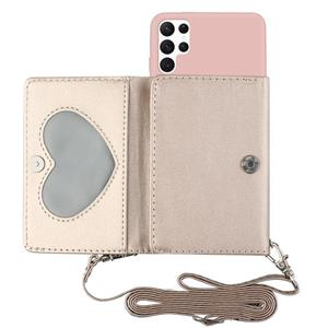 huismerk Voor Samsung Galaxy S22 Ultra 5G Crossbody Lanyard Wallet Card Bag Telefoon Case (Pink)