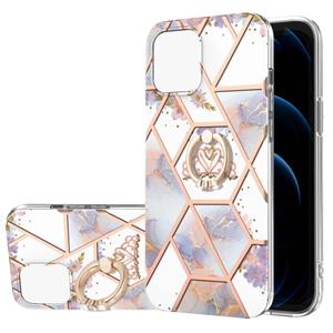 huismerk Electroplating Splicing Marble Flower Pattern TPU Shockproof Case met Rhinestone Ringhouder voor iPhone 13 (Keizerlijke Kroon)