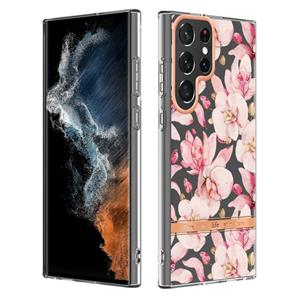 huismerk Voor Samsung Galaxy S22 Ultra Bloemen en Planten Serie IMD TPU Telefoonhoes (Pink Gardenia)