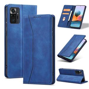 huismerk Voor Xiaomi Redmi Note 10 4G Skin-Feel Calfskin Texture Magnetische Dual-Fold Horizontale Flip Leren Case met Houder & Card Slots & Portemonnee