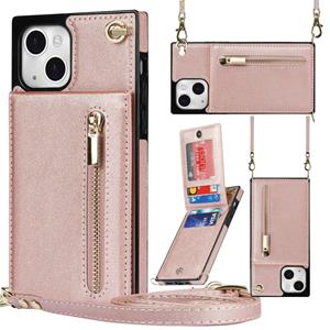 huismerk Cross-body rits vierkante telefoonhoesje met houder voor iphone 13 mini (rose goud)