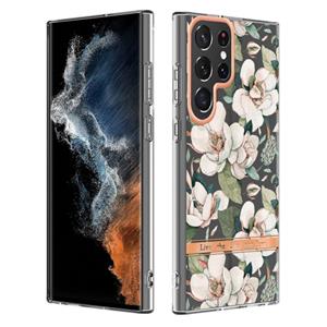 huismerk Voor Samsung Galaxy S22 Ultra Bloemen en Planten Serie IMD TPU Telefoonhoes (Green Gardenia)