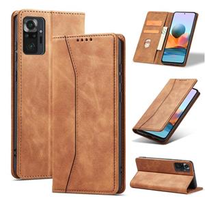 huismerk Voor Xiaomi Redmi Note 10 4G Skin-Feel Calfskin Texture Magnetische Dual-Fold Horizontale Flip Leren Case met Houder & Card Slots & Portemonnee (Bruin