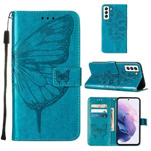 huismerk Voor Samsung Galaxy S22 5G Embossed Butterfly Lederen Telefoonhoesje Met Houder & Card Slot & Wallet & Lanyard (Blauw)