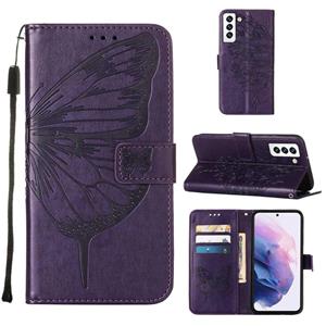 huismerk Voor Samsung Galaxy S22 5G Embossed Butterfly Lederen Telefoonhoesje Met Houder & Card Slot & Portemonnee & Lanyard (Dark Purple)