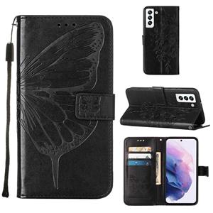 huismerk Voor Samsung Galaxy S22 5G Reliëf Butterfly Lederen Telefoonhoesje Met Houder & Card Slot & Portemonnee & Lanyard (Zwart)