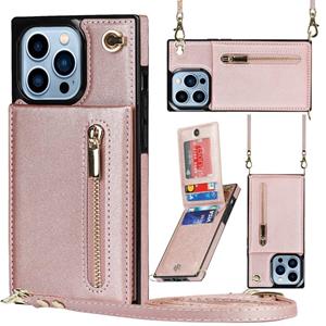 huismerk Cross-body rits vierkante telefoon geval met houder voor iphone 13 pro (rose goud)