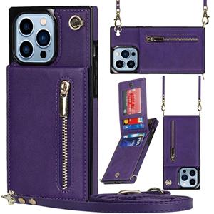 huismerk Cross-body rits vierkante telefooncase met houder voor iPhone 13 pro