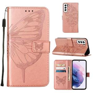 huismerk Voor Samsung Galaxy S22 5G Embossed Butterfly Lederen Telefoonhoesje Met Houder & Card Slot & Portemonnee & Lanyard (Rose Gold)