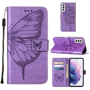 huismerk Voor Samsung Galaxy S22 5G Embossed Butterfly Lederen Telefoonhoesje Met Houder & Card Slot & Portemonnee & Lanyard (Paars)