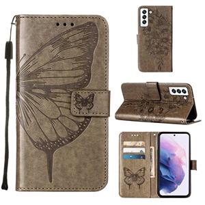 huismerk Voor Samsung Galaxy S22 5G Embossed Butterfly Lederen Telefoonhoesje Met Houder & Card Slot & Wallet & Lanyard (Gray)