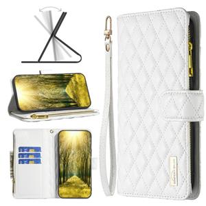 huismerk Diamond Lattice Zipper Wallet Leather Flip Phone Case voor iPhone 13 Mini