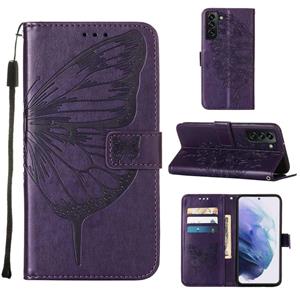 huismerk Voor Samsung Galaxy S22 + 5G Embossed Butterfly Lederen Telefoonhoesje Met Houder & Card Slot & Wallet & Lanyard (Dark Purple)