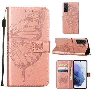 huismerk Voor Samsung Galaxy S22 + 5G reliëf Butterfly lederen telefoonhoesje met houder & kaart slot & portemonnee & lanyard (rose goud)