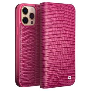 Qialino kleine krokodil textuur horizontale flip lederen tas met houder & kaart slots & portefeuille voor iphone 13 pro max (rose rood)