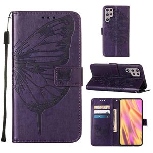 huismerk Voor Samsung Galaxy S22 Ultra 5G Embossed Butterfly Lederen Telefoonhoesje Met Houder & Card Slot & Wallet & Lanyard (Dark Purple)