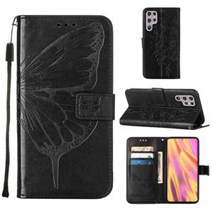 huismerk Voor Samsung Galaxy S22 Ultra 5G reliëf Butterfleer lederen telefoonhoesje met houder & kaart slot & portemonnee & lanyard