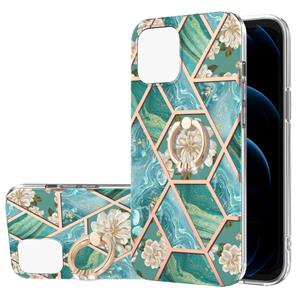 huismerk Electroplating Splicing Marble Flower Pattern TPU Shockproof Case met Rhinestone Ringhouder voor iPhone 13 Pro Max (Blue Flower)