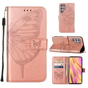 huismerk Voor Samsung Galaxy S22 Ultra 5G Reliëf Butterfleer Lederen Telefoonhoesje Met Houder & Card Slot & Portemonnee & Lanyard (Rose Gold)