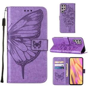 huismerk Voor Samsung Galaxy S22 Ultra 5G reliëf Butterfleer lederen telefoonhoesje met houder & kaart slot & portemonnee & lanyard