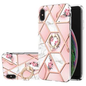 huismerk Electroplating Splicing Marmeren Bloempatroon TPU Shockproof Case met Rhinestone Ringhouder voor iPhone X / XS (Pink Flower)