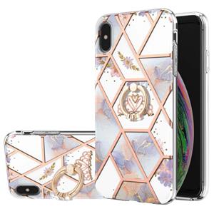 huismerk Electroplating Splicing Marmeren Bloempatroon TPU Schokbestendig Case met Rhinestone Ringhouder voor iPhone X / XS (keizerlijke kroon)