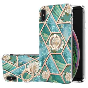 huismerk Electroplating Splicing Marmeren Bloempatroon TPU Schokbestendig Case met Rhinestone Ringhouder voor iPhone X / XS (blauwe bloem)