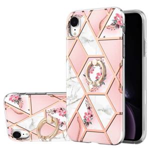 huismerk Electroplating Splicing Marmeren Bloempatroon TPU Schokbestendig Case met Rhinestone Ringhouder voor iPhone XR (Pink Flower)