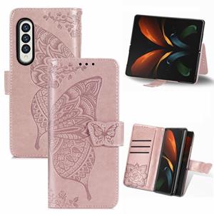 huismerk Voor Samsung Galaxy Z Fold3 5G Butterfly Love Flowers Reliëf Horizontale Flip Lederen Case met Houder & Card Slots & Wallet & Lanyard (Rose Gold)