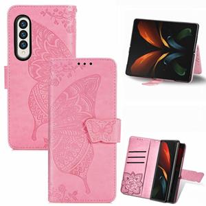 huismerk Voor Samsung Galaxy Z Fold3 5G Butterfly Love Flowers Reliëf Horizontale Flip Lederen Case met Houder & Card Slots & Wallet & Lanyard (Pink)