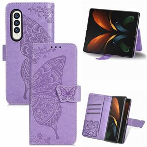 huismerk Voor Samsung Galaxy Z Gold3 5G Butterfly Love Flowers Reliëf Horizontale Flip Lederen Case met Houder & Card Slots & Wallet & Lanyard (Light Purple)