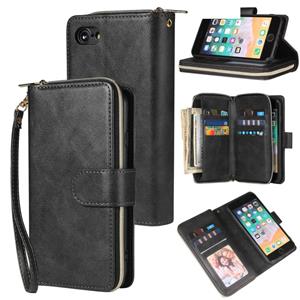 huismerk Voor iPhone SE 2020 / 8 / 7 Zipper Wallet Bag Horizontale Flip PU Lederen case met Houder & 9 Card Slots & Wallet & Lanyard & Photo Frame(Zwart)