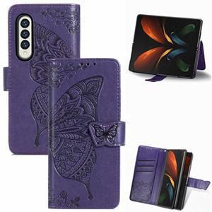 huismerk Voor Samsung Galaxy Z Gold3 5G Butterfly Love Flowers Reliëf Horizontale Flip Lederen Case met Houder & Card Slots & Wallet & Lanyard (Dark Purple)