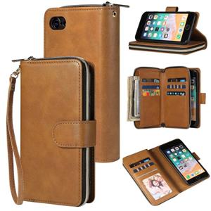 huismerk Voor iPhone SE 2020 / 8 / 7 Zipper Wallet Bag Horizontale Flip PU Lederen case met Houder & 9 Card Slots & Wallet & Lanyard & Photo Frame(Brown)