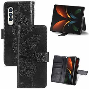 huismerk Voor Samsung Galaxy Z Fold3 5G Butterfly Love Flowers Reliëf Horizontale Flip Lederen Case met Houder & Card Slots & Portemonnee & Lanyard (Zwart)