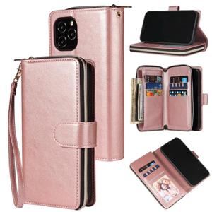 huismerk Voor iPhone 12 mini Zipper Wallet Bag Horizontale Flip PU Lederen Koffer met Houder & 9 Card Slots & Wallet & Lanyard & Photo Frame(Rose Gold)