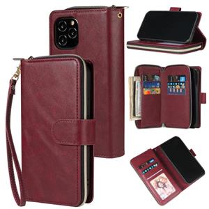 huismerk Voor iPhone 12 mini Zipper Wallet Bag Horizontale Flip PU Lederen Koffer met Houder & 9 Card Slots & Wallet & Lanyard & Photo Frame(Wine Red)