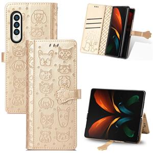 huismerk Voor Samsung Galaxy Z Fold3 5G Mooie kat en hond embossing patroon horizontale flip lederen tas met houder & kaart slots & portemonnee