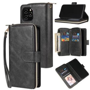 huismerk Voor iPhone 12 mini Zipper Wallet Bag Horizontale Flip PU Lederen Case met Houder & 9 Card Slots & Wallet & Lanyard & Photo Frame(Zwart)